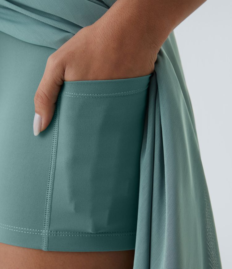 High Waisted Drawstring Contrast Mesh 2-in-1 Side Pocket Flowy Midi Flare Casual Skort