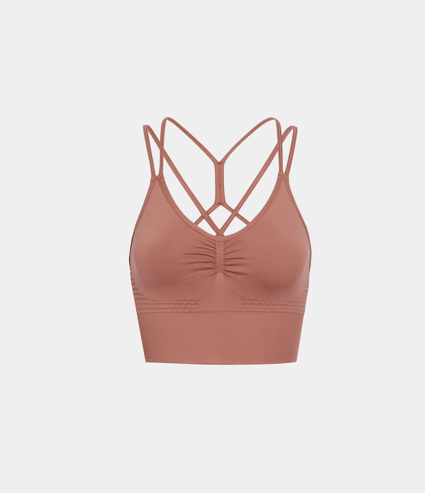 Rückenfreier, geraffter Sport-BH mit geringem Support, überkreuzten Doppelträgern und nahtlosem Flow - A-C Cups