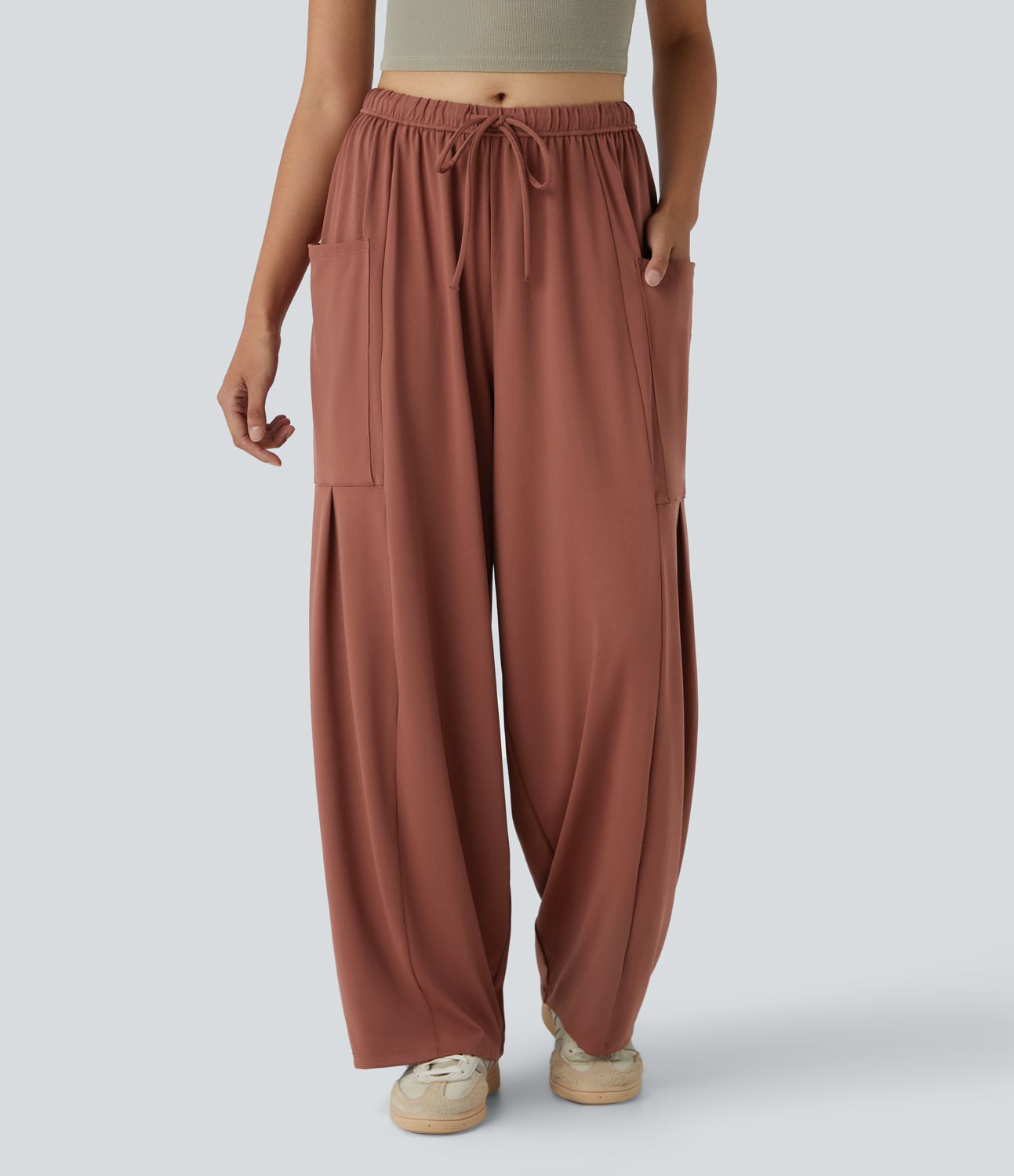 Mid Rise Elastic Waistband Drawstring Side Pocket Palazzo Flowy Wide Leg Casual Pants