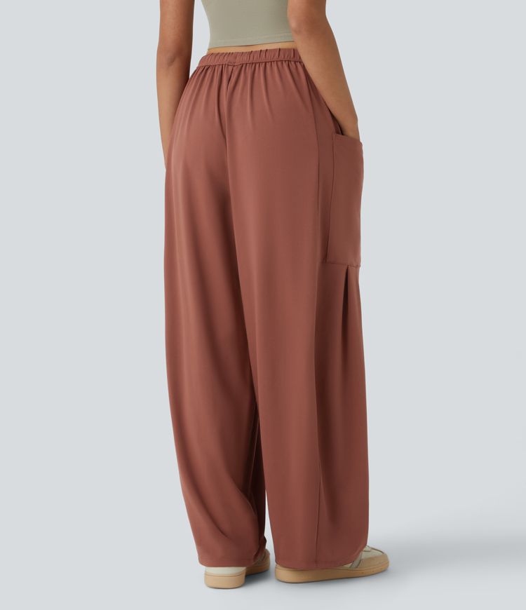 Mid Rise Elastic Waistband Drawstring Side Pocket Palazzo Flowy Wide Leg Casual Pants