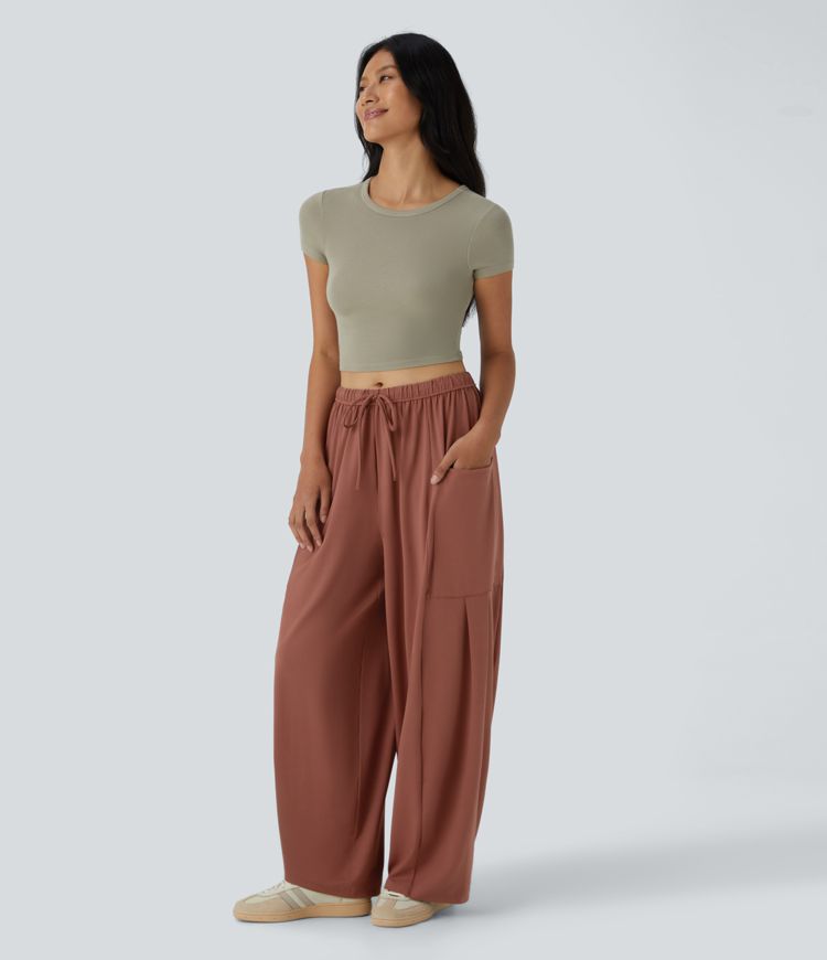 Mid Rise Elastic Waistband Drawstring Side Pocket Palazzo Flowy Wide Leg Casual Pants