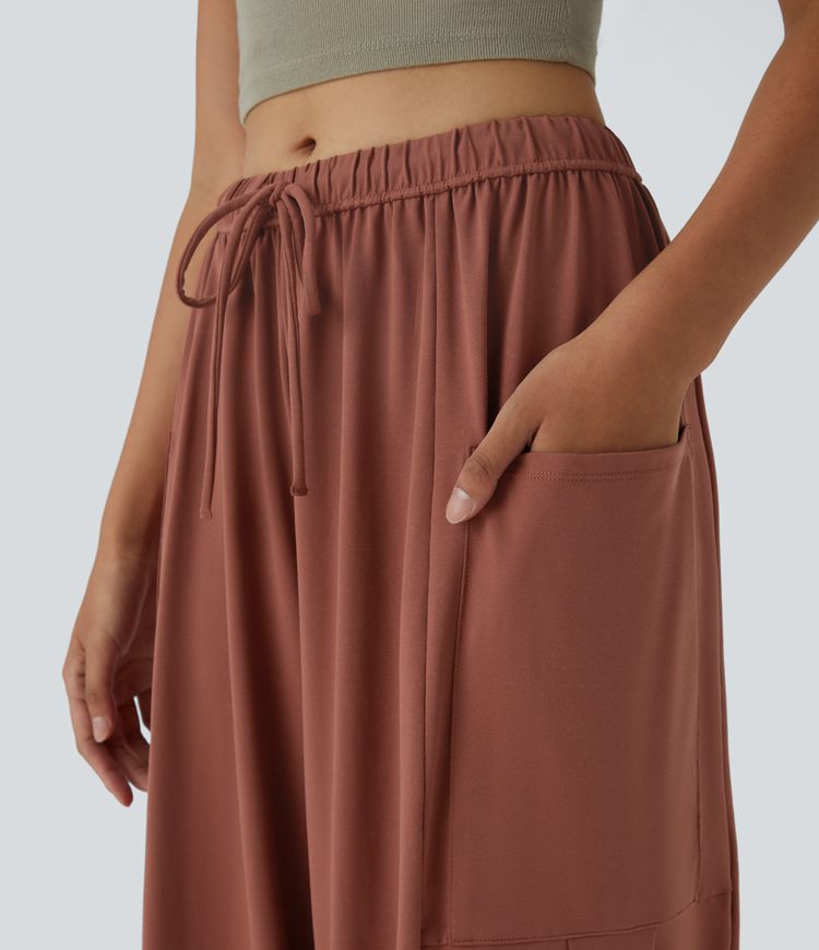 Mid Rise Elastic Waistband Drawstring Side Pocket Palazzo Flowy Wide Leg Casual Pants