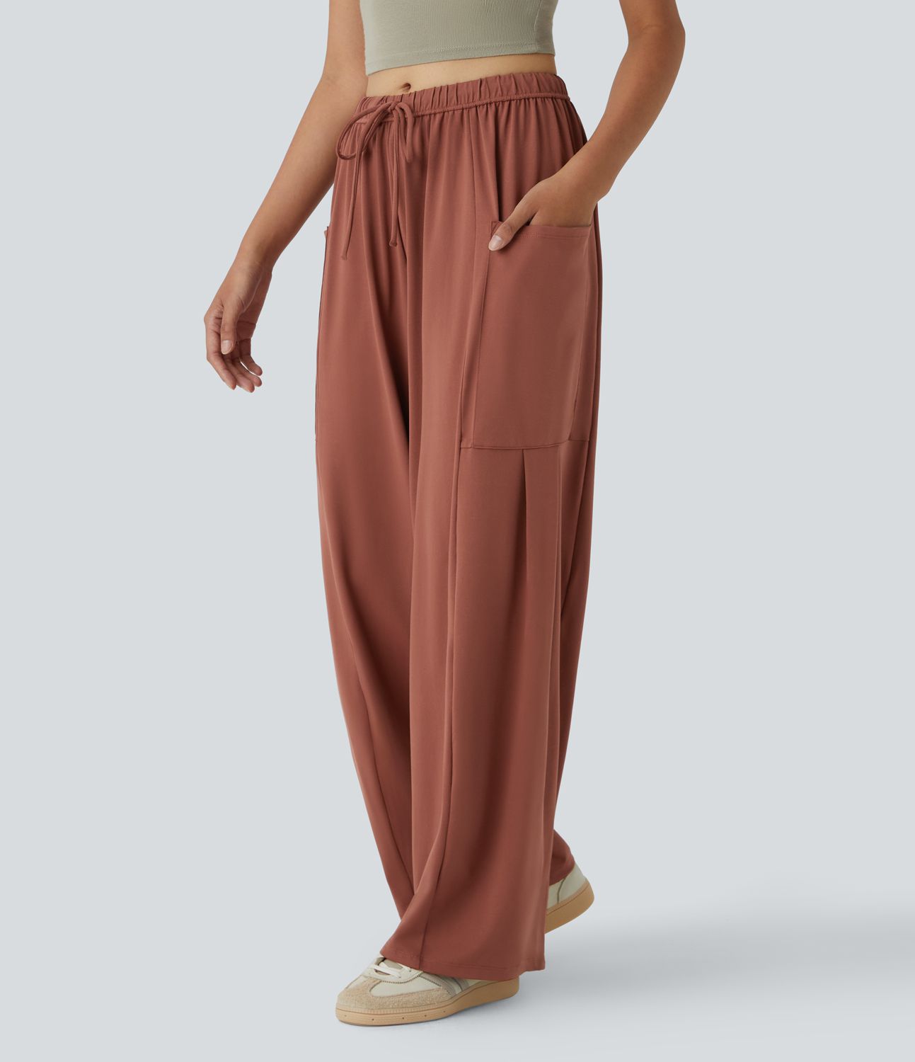 Mid Rise Elastic Waistband Drawstring Side Pocket Palazzo Flowy Wide Leg Casual Pants