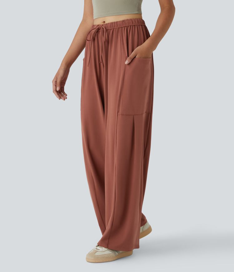 Mid Rise Elastic Waistband Drawstring Side Pocket Palazzo Flowy Wide Leg Casual Pants