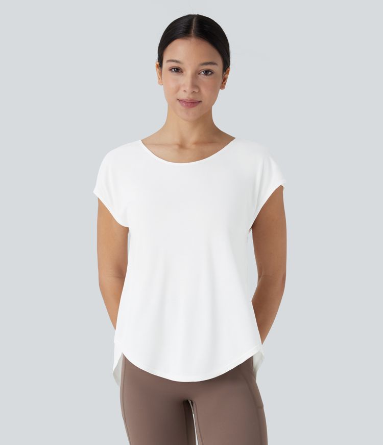 Backless Cowl Back Short Sleeve Curved Hem Yoga Sports Top