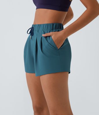 Short extensible taille mi-haute, taille à cordon, poche froncée, décontractés, 3"