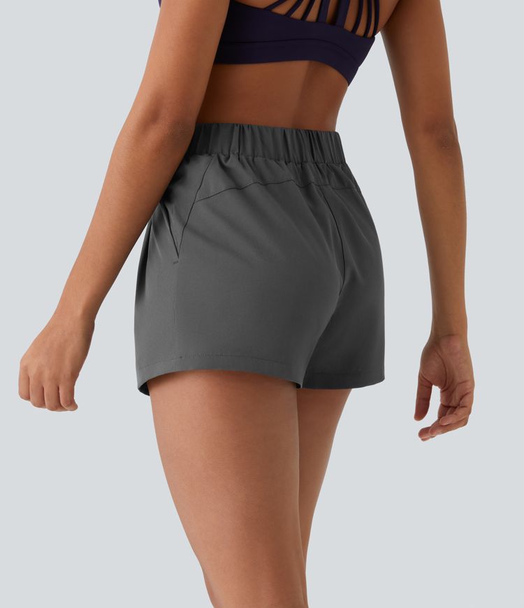Mid-rise casual shorts with elastic waistband and drawstring, ruched side pockets, 7.6 cm