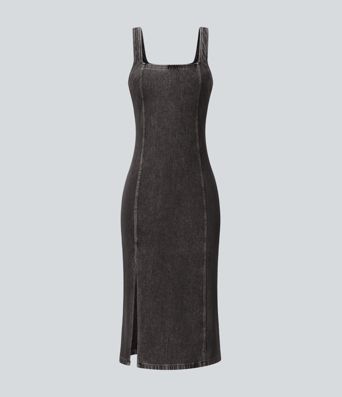 Halara Flex™ Square Neck Sleeveless Back Zipper Midi Washed Denim Casual Dress