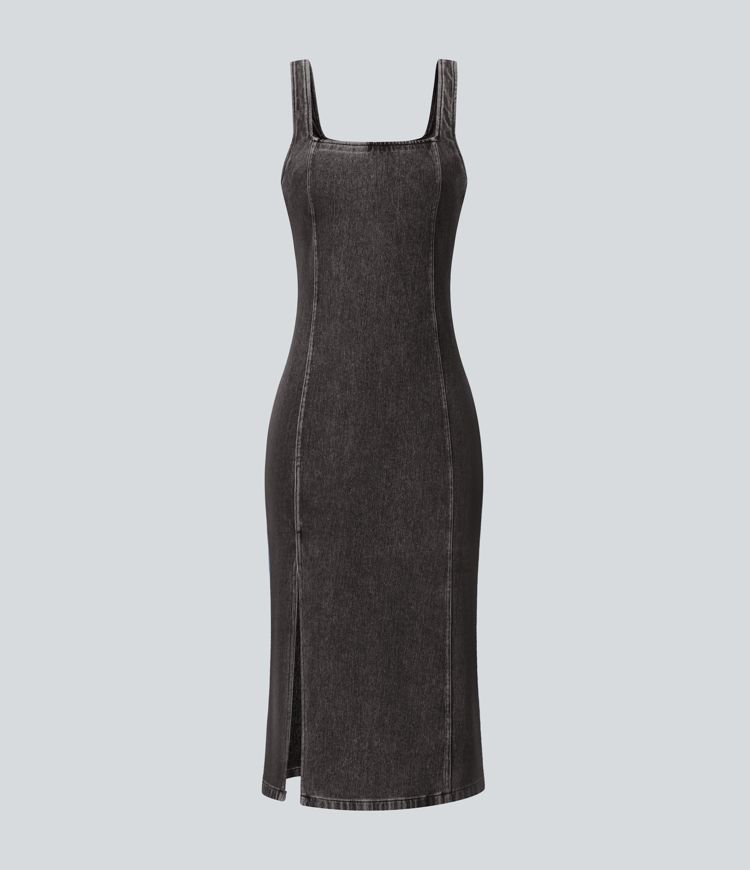 Halara Flex™ Square Neck Sleeveless Back Zipper Midi Washed Denim Casual Dress