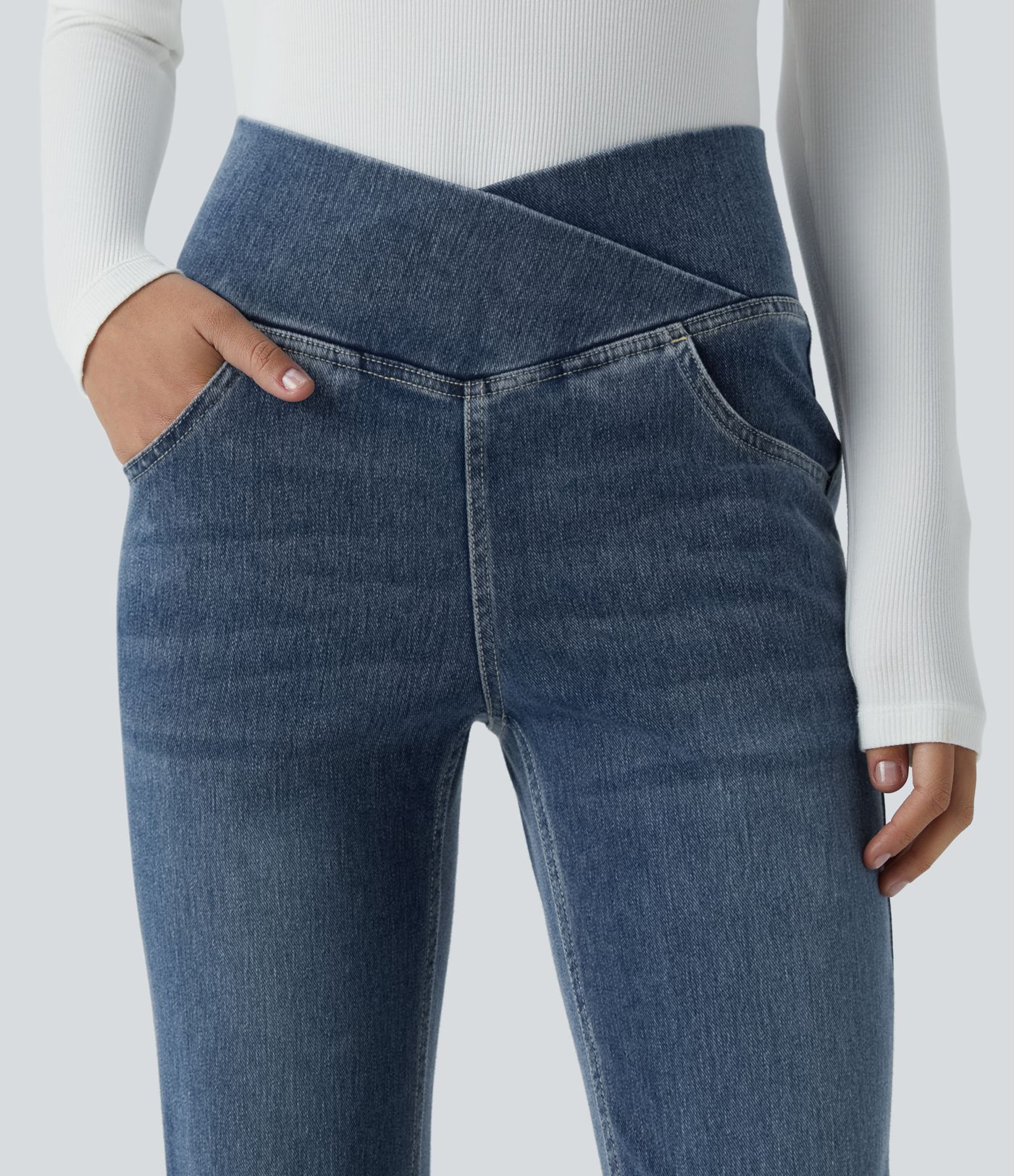 Jean Halara Flex™ taille haute avec poches croisées, délavés, décontractées et larges jambes