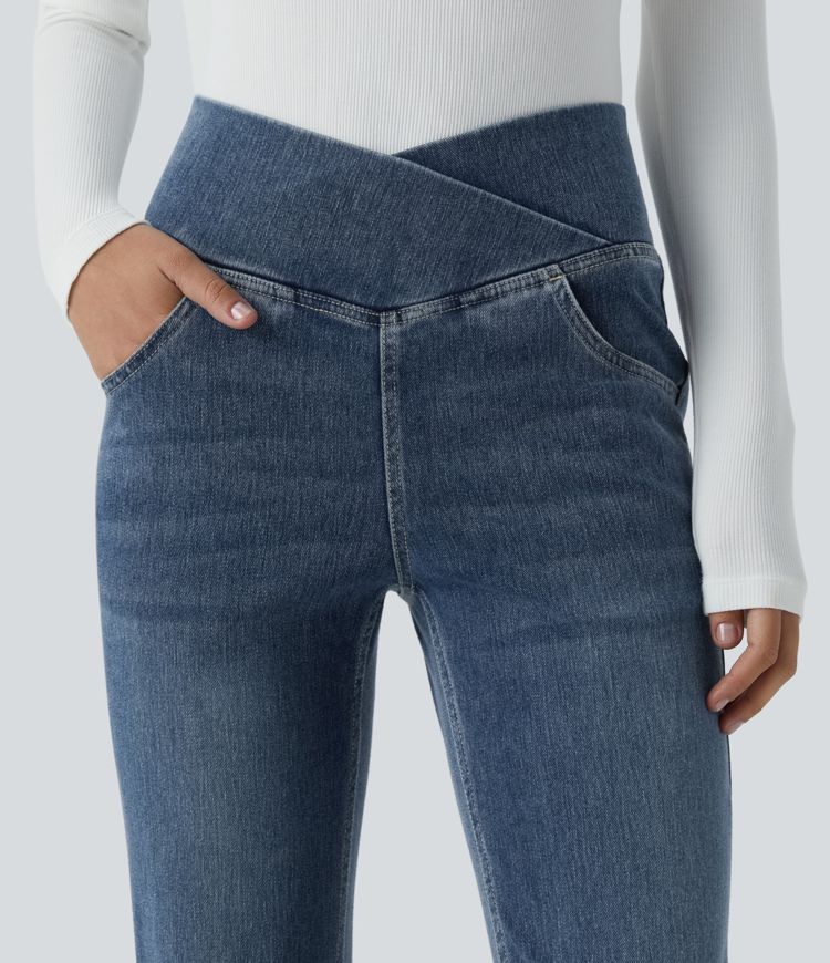 Jean Halara Flex™ taille haute avec poches croisées, délavés, décontractées et larges jambes