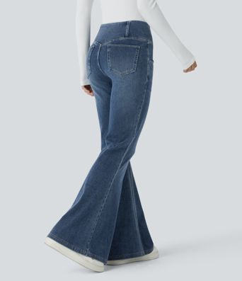 Jean Halara Flex™ taille haute avec poches croisées, délavés, décontractées et larges jambes