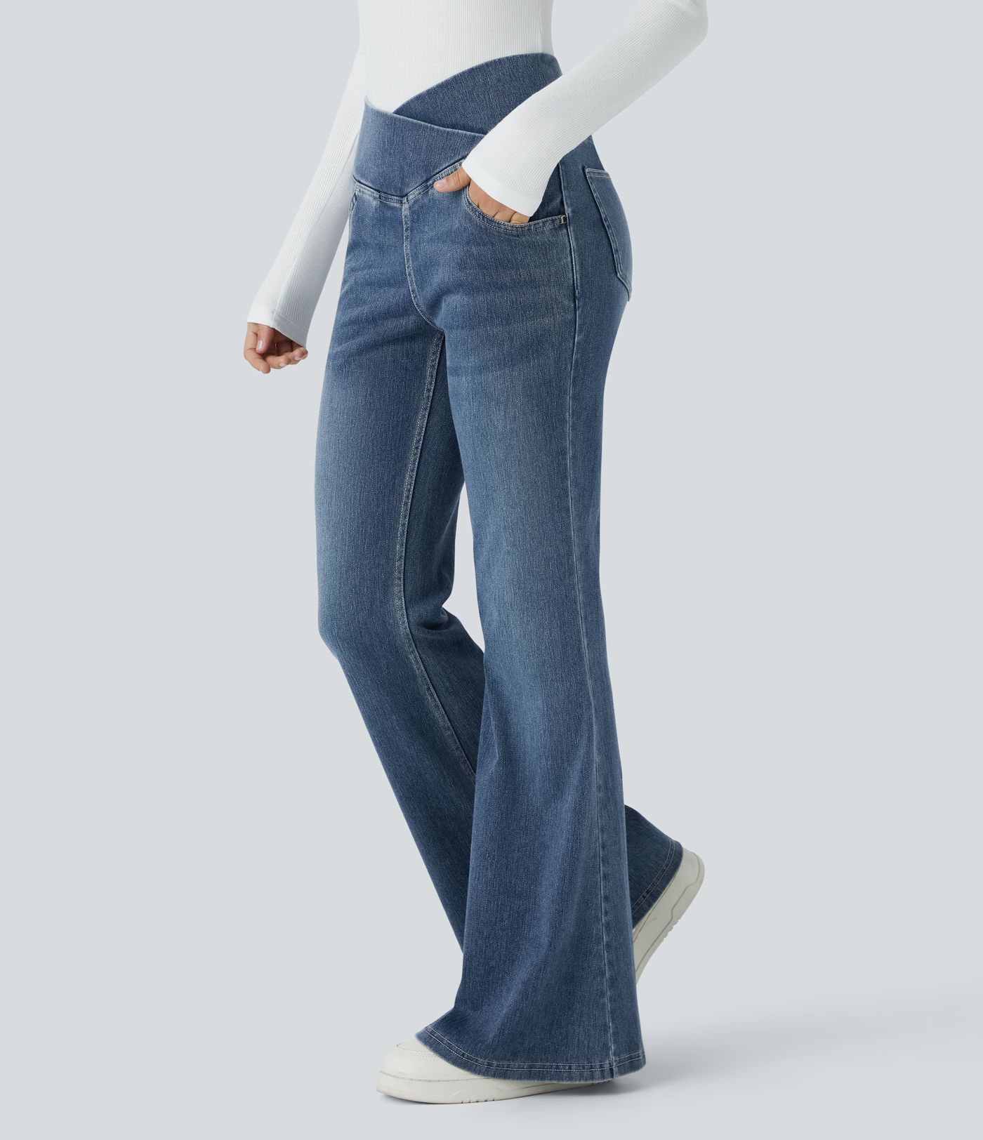 Jean Halara Flex™ taille haute avec poches croisées, délavés, décontractées et larges jambes