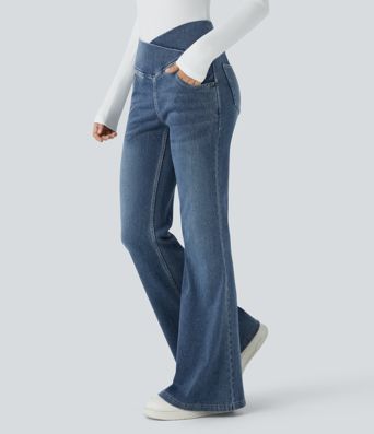 Jean Halara Flex™ taille haute avec poches croisées, délavés, décontractées et larges jambes