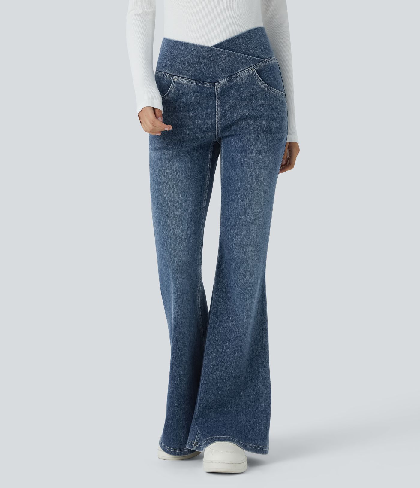 Jean Halara Flex™ taille haute avec poches croisées, délavés, décontractées et larges jambes