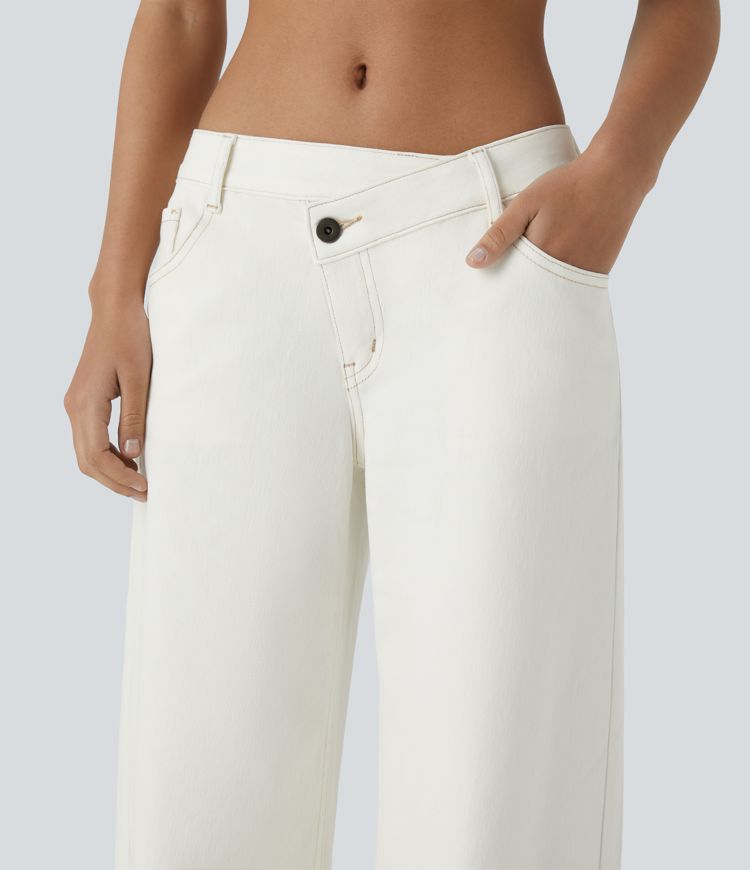 Halara Flex™ Asymmetric Low Rise Zipper Pockets Baggy Wide Leg Washed Casual Jeans