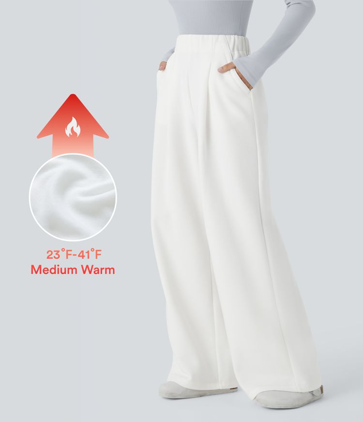 High Waisted Side Pocket Wide Leg Fleece Casual Pants