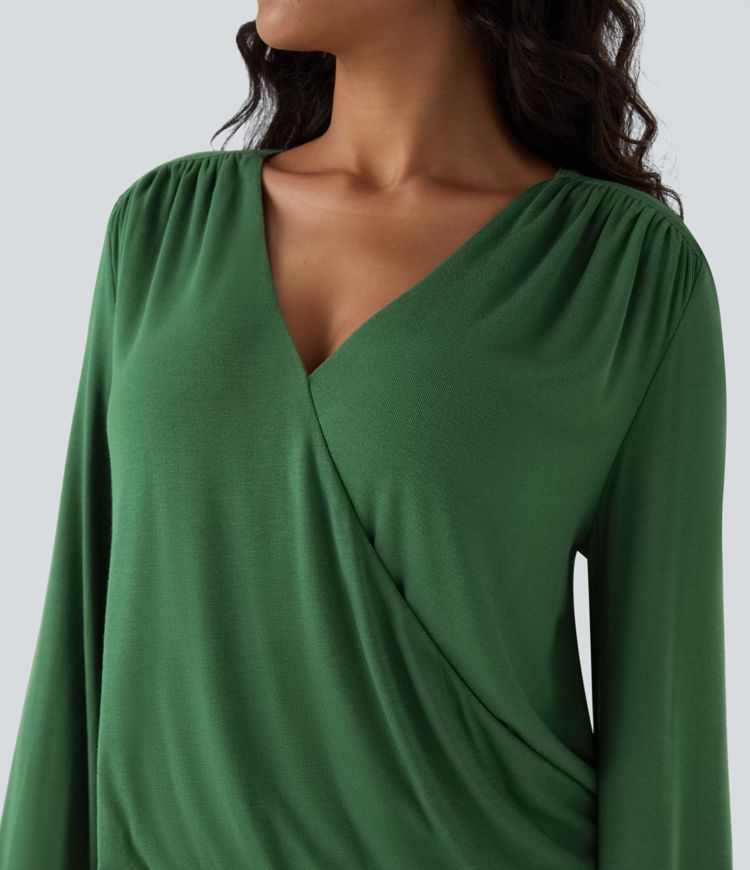 Ribbed V Neck Invisible Snap Button Long Sleeve Wrapped Work Top
