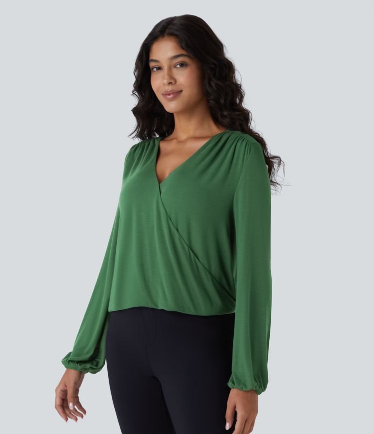 Ribbed V Neck Invisible Snap Button Long Sleeve Wrapped Work Top