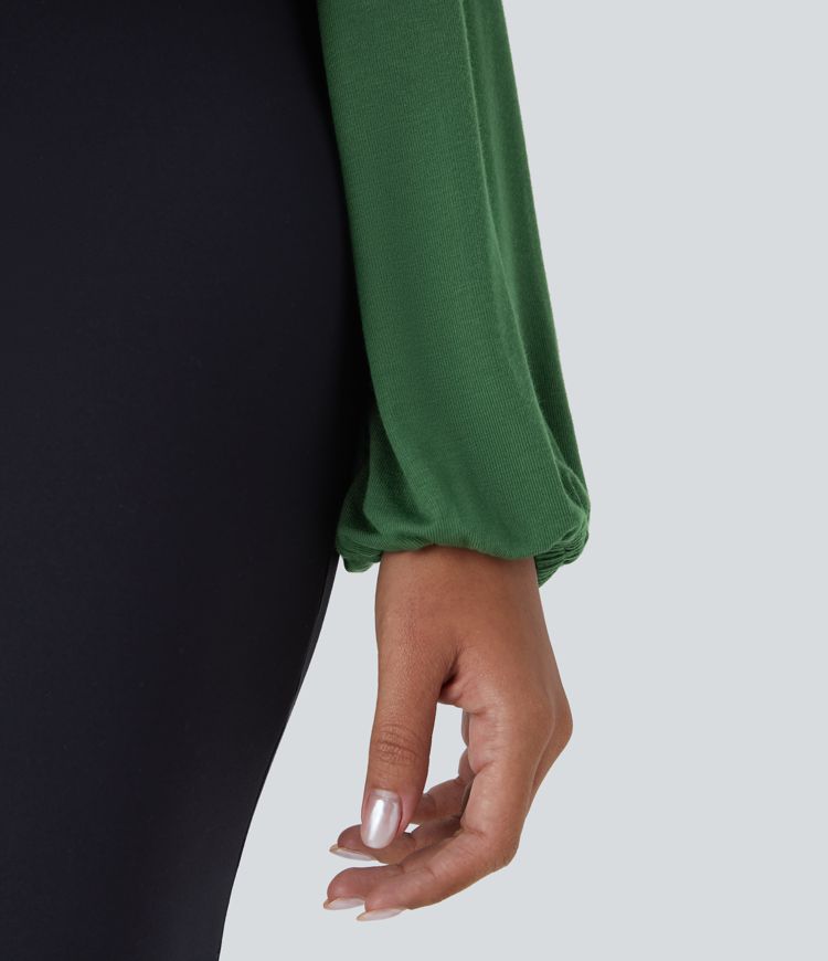 Ribbed V Neck Invisible Snap Button Long Sleeve Wrapped Work Top