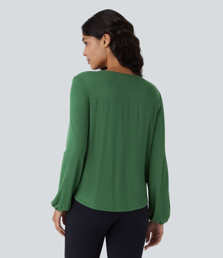 Ribbed V Neck Invisible Snap Button Long Sleeve Wrapped Work Top