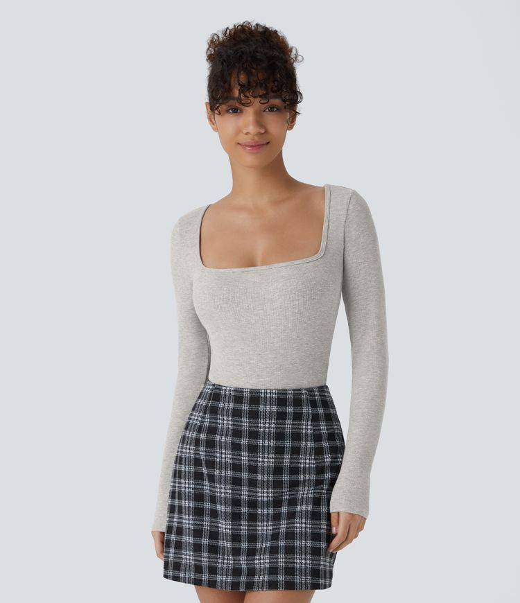 Ribbed Knit Square Neck Long Sleeve Button Skinny Work Bodysuit