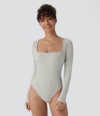 Ribbed Knit Square Neck Long Sleeve Skinny Casual Bodysuit