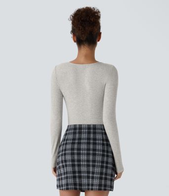 Ribbed Knit Square Neck Long Sleeve Skinny Casual Bodysuit