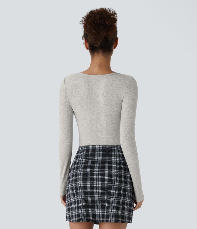 Ribbed Knit Square Neck Long Sleeve Skinny Casual Bodysuit