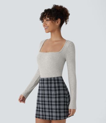 Ribbed Knit Square Neck Long Sleeve Skinny Casual Bodysuit