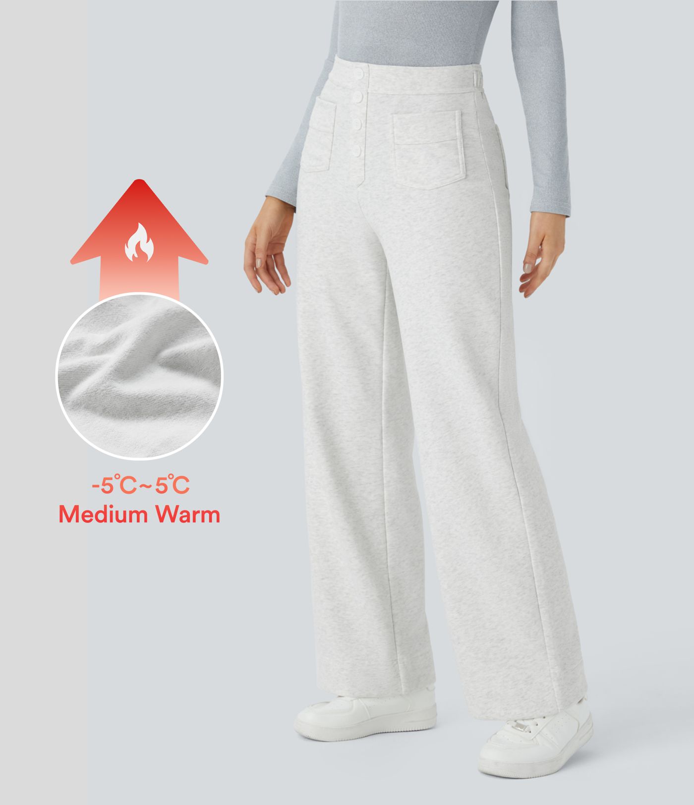 High Waisted Button Multiple Pockets Straight Leg Fleece Casual Trousers