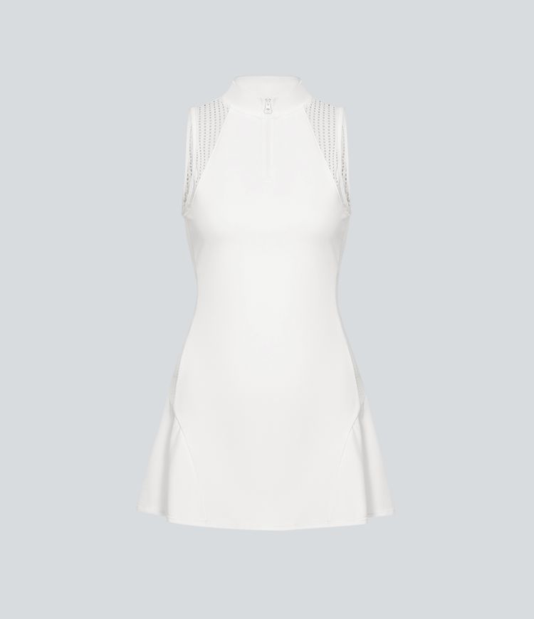 Robe Sport Mini de Tennis 2 Pièces avec Demi-Zip Mesh Contrastant et Poches Latérales