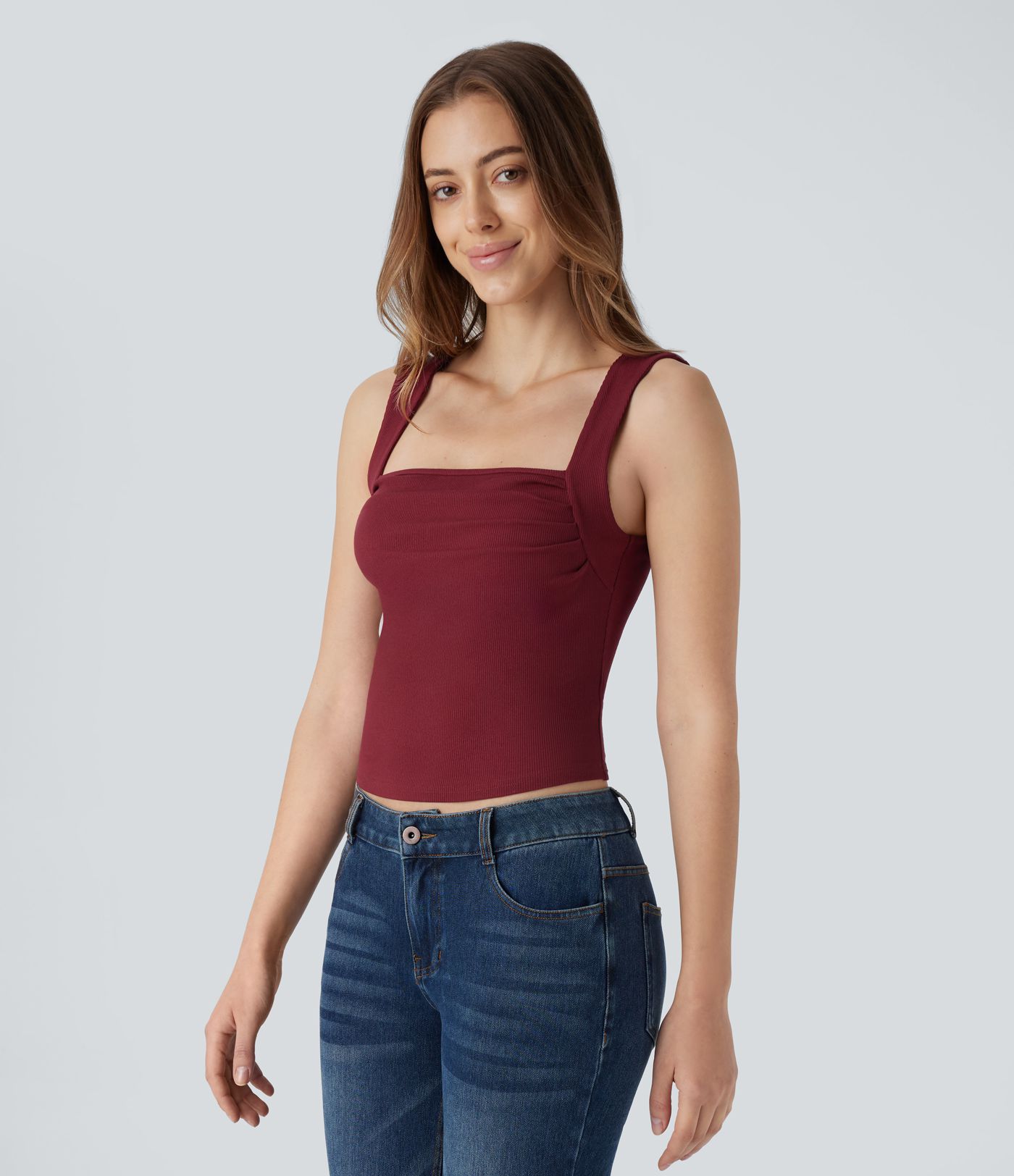 Geripptes, eckiges Ausschnitt, gerüschtes 2-in-1-Tanktop mit schmaler Passform