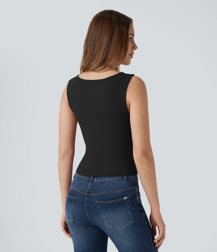 Ribbed Knit Square Neck Ruched 2-in-1 Skinny Casual Tank Top