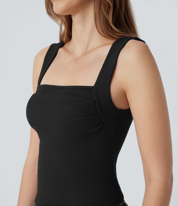 Ribbed Knit Square Neck Ruched 2-in-1 Skinny Casual Tank Top