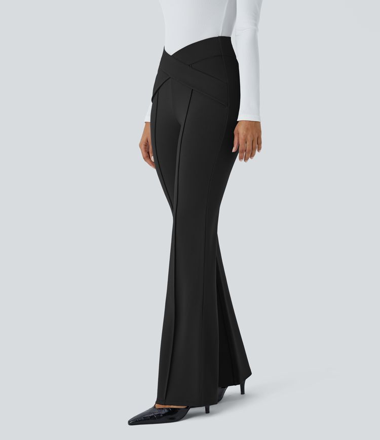 High Waisted Crossover Casual Slight Flare Trousers