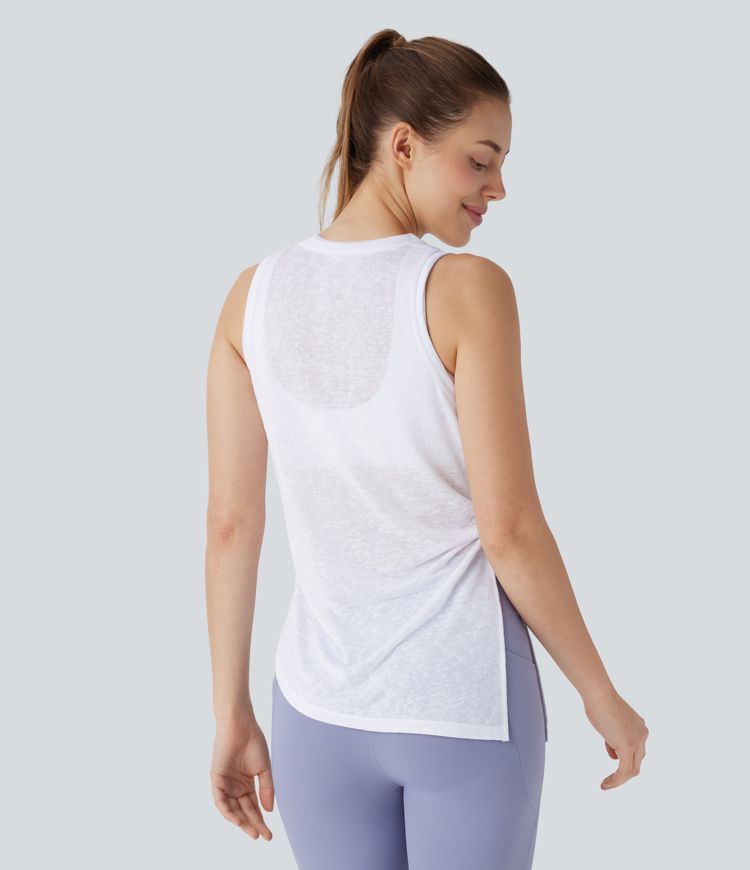 Round Neck Asymmetric Split Hem Tie Side Yoga Tank Vest Top