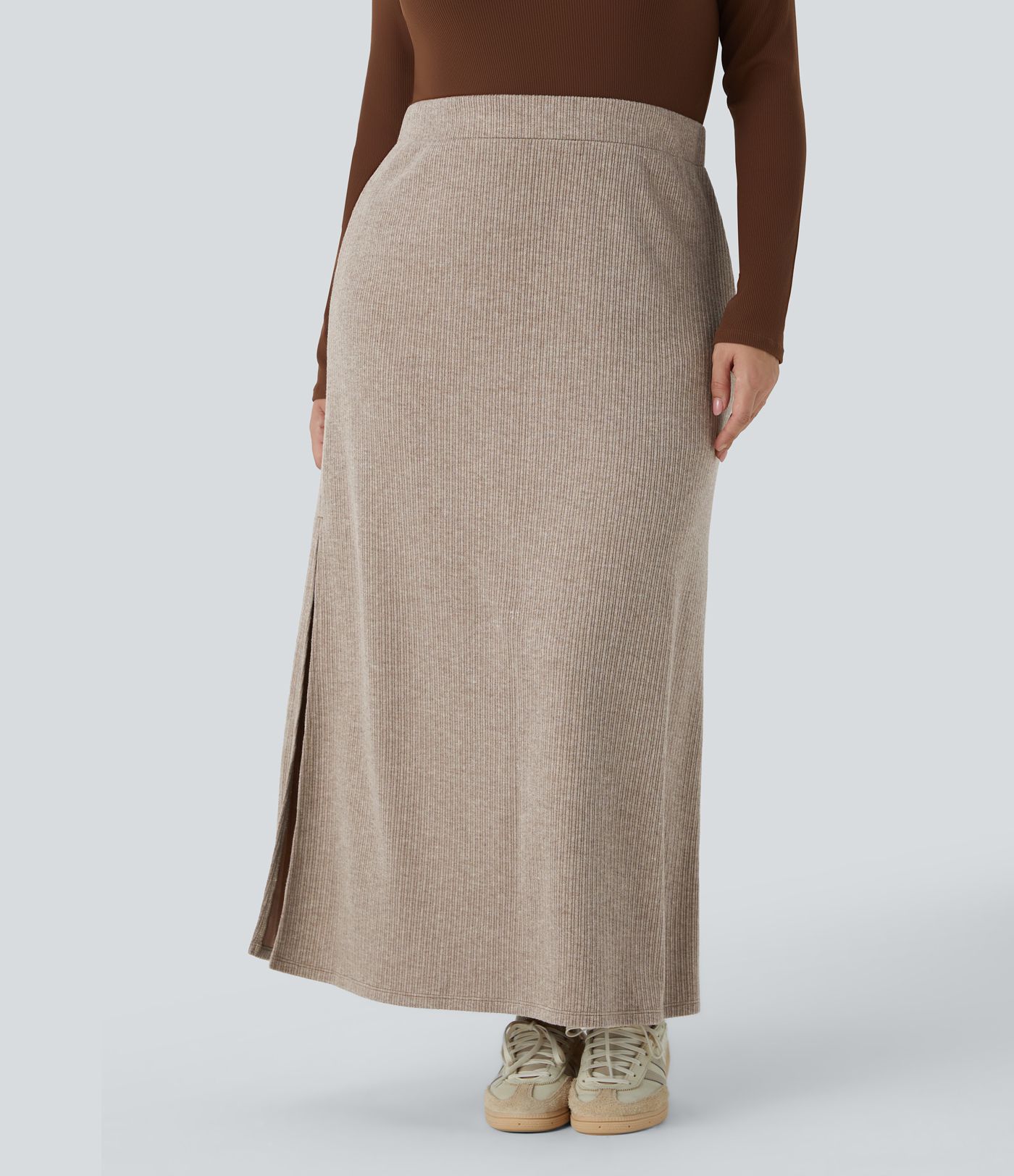 Ribbed High Waisted Hem A Line Maxi Casual Plus Size Skirt