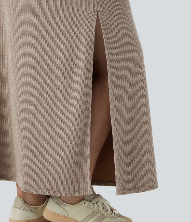 Ribbed High Waisted Hem A Line Maxi Casual Plus Size Skirt