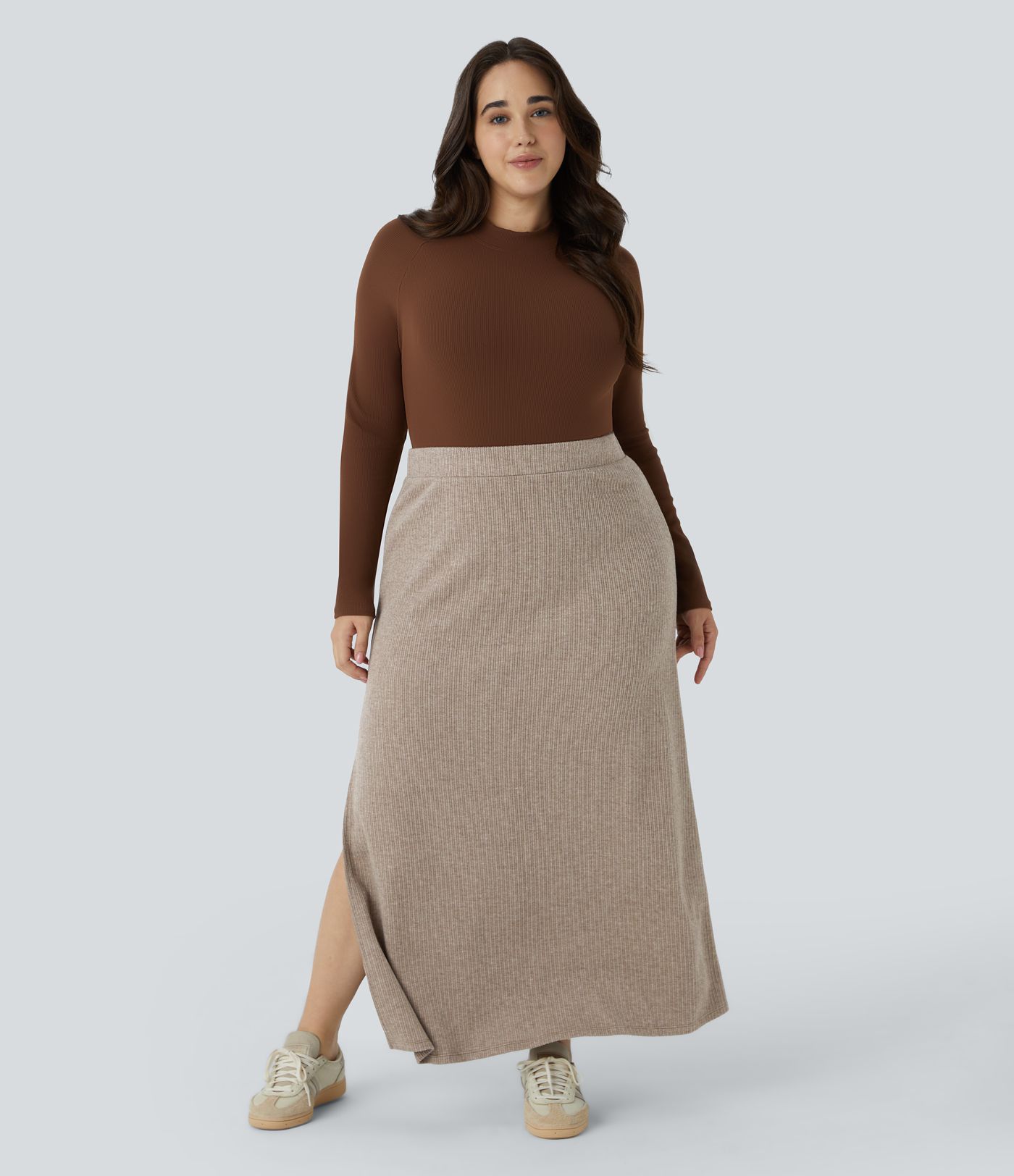 Ribbed High Waisted Hem A Line Maxi Casual Plus Size Skirt