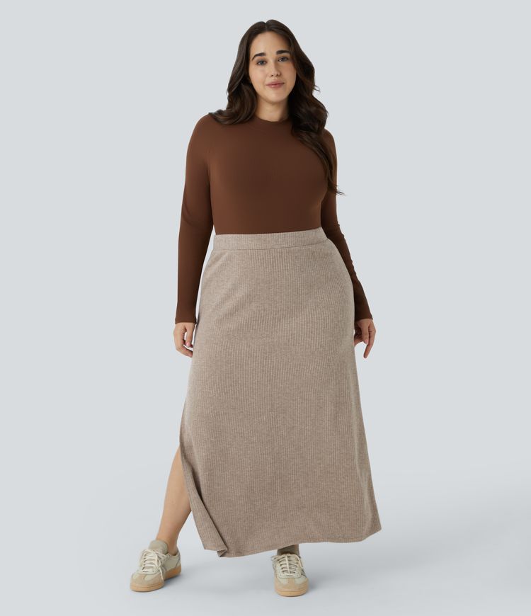 Ribbed High Waisted Hem A Line Maxi Casual Plus Size Skirt