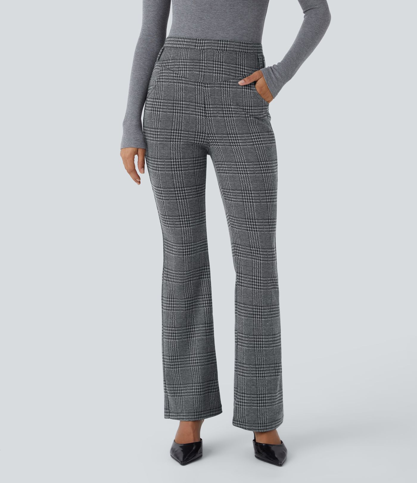 Halara Flex™ Pantalon de ville légèrement évasé à très haute taille motif pied-de-poule avec poches latérales
