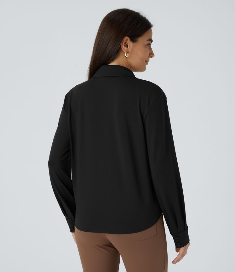 Notched Collar Crossover Long Sleeve Work Shirt