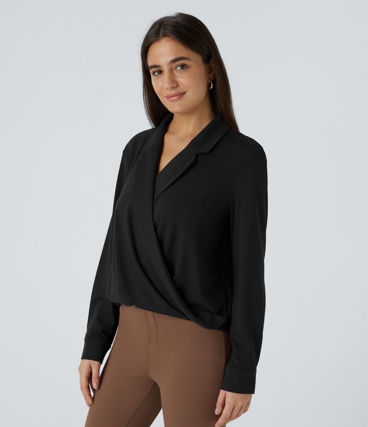 Notched Collar Crossover Long Sleeve Work Shirt
