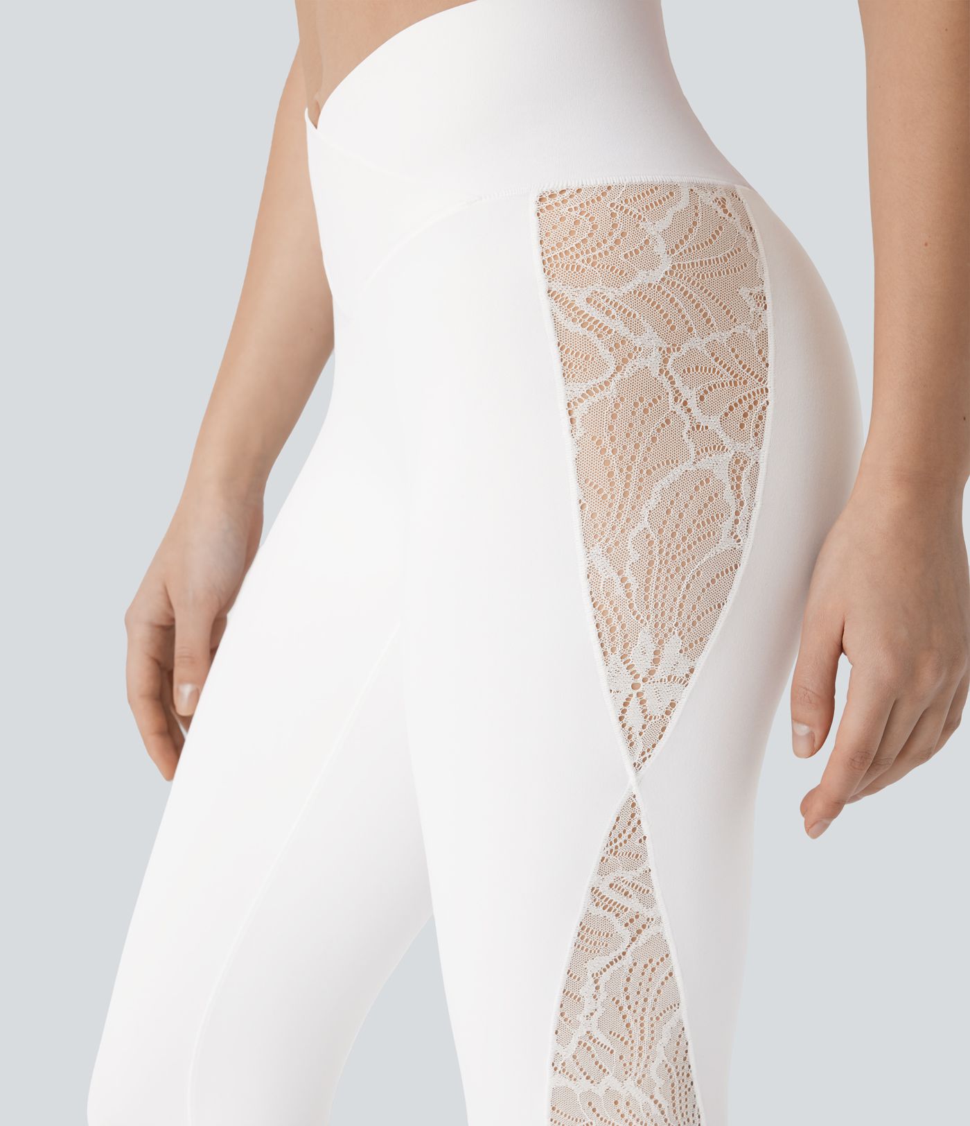 SoftlyZero™ High Waisted Crossover Contrast Lace Capri Yoga Leggings-UPF50+
