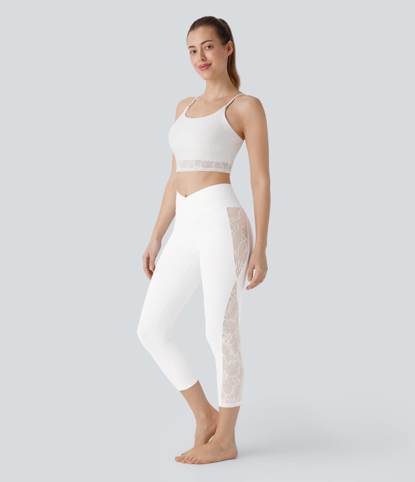 SoftlyZero™ High Waisted Crossover Contrast Lace Capri Yoga Leggings-UPF50+