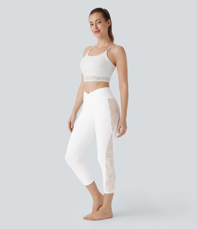 SoftlyZero™ High Waisted Crossover Contrast Lace Capri Yoga Leggings-UPF50+