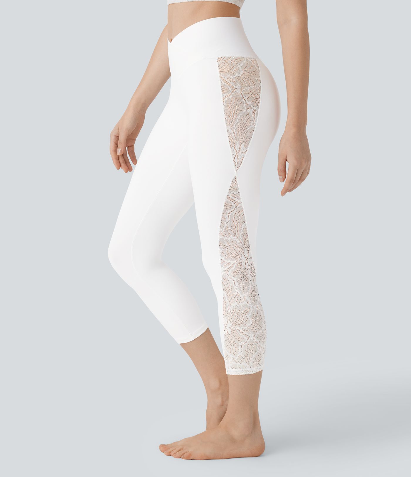 SoftlyZero™ High Waisted Crossover Contrast Lace Capri Yoga Leggings-UPF50+