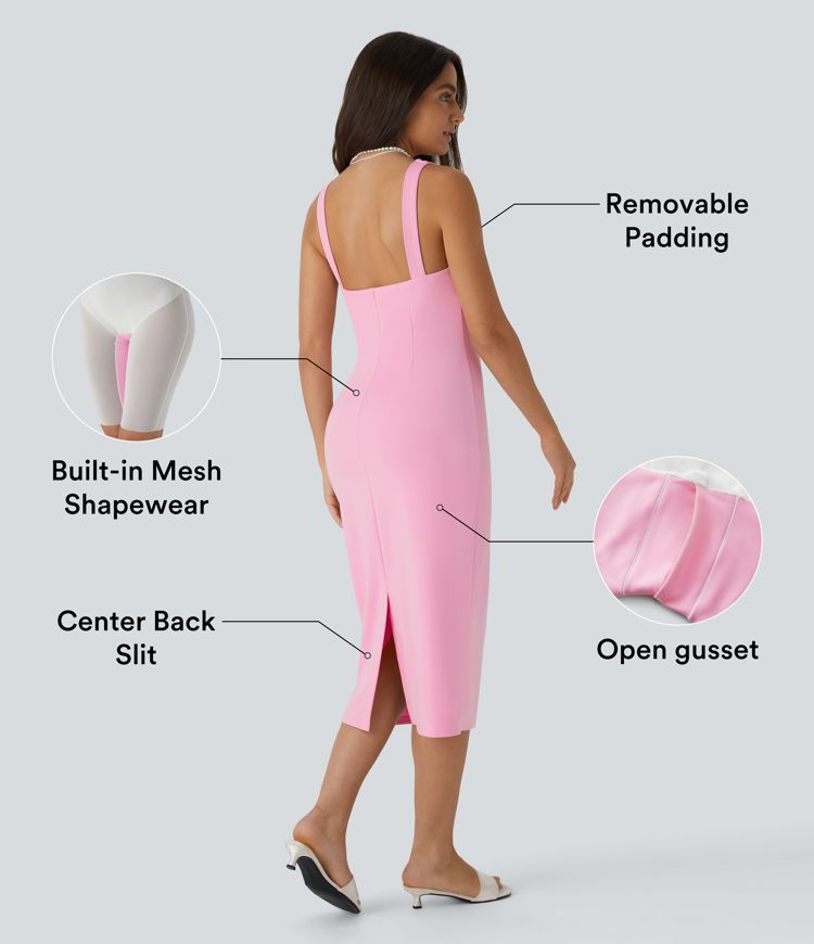 Backless Split Bodycon Built-in Mesh Shapewear Midi Party Tank Dress
