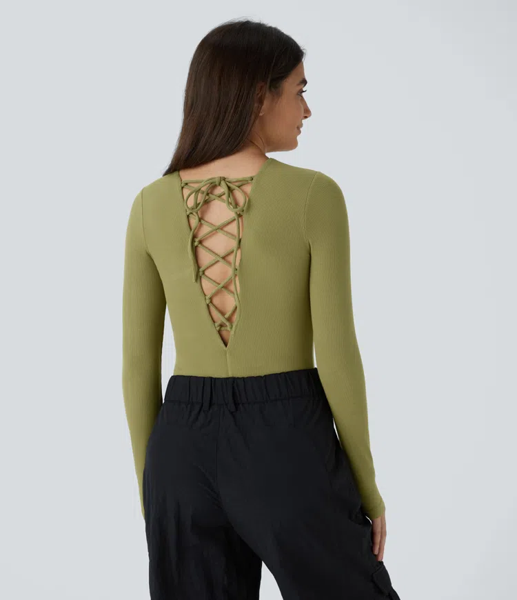 Ribbed knit long sleeve casual bodysuit with criss-cross tie